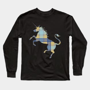 Scottish Blue, Grey and Yellow Tartan Rearing Unicorn Silhouette Long Sleeve T-Shirt